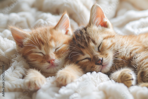 Two kittens sleep on silk sheets. Concept for sleep.