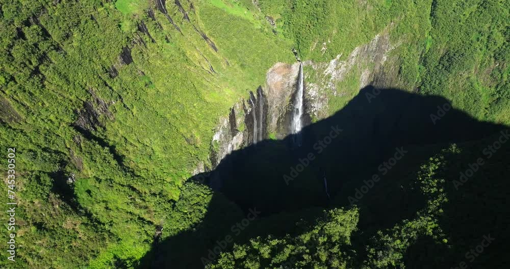 Trou de Fer waterfalls iconic location in Reunion island, aerial view by drone