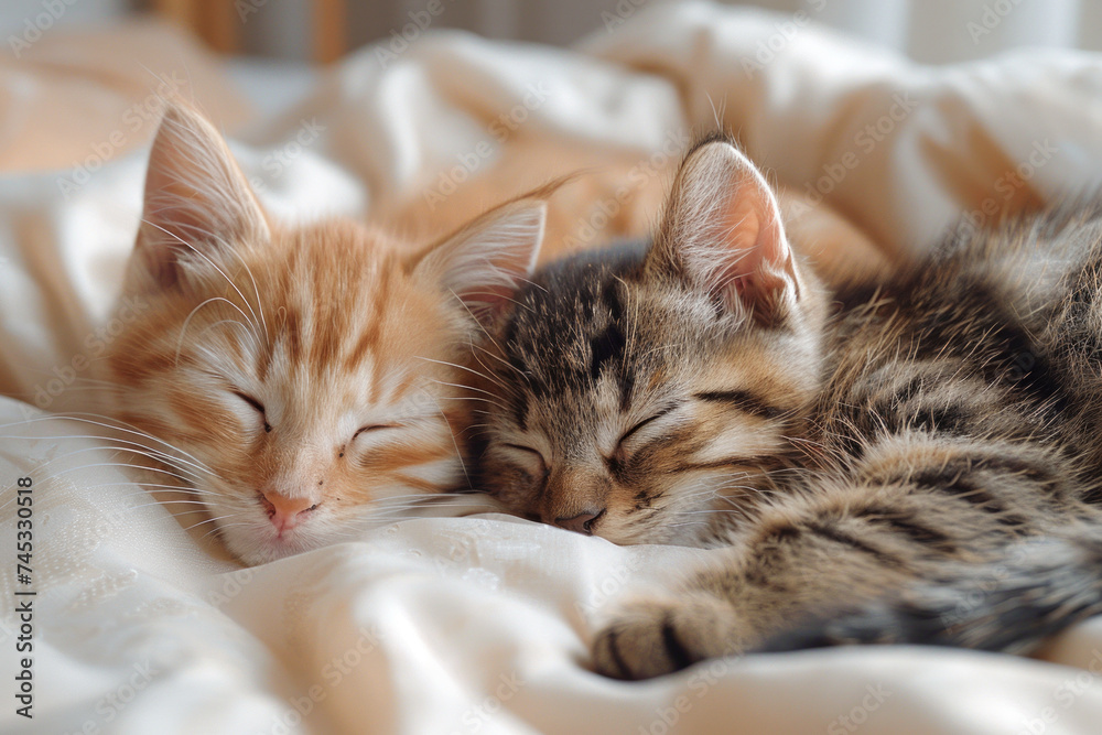 Two kittens sleep on silk sheets. Concept for sleep.