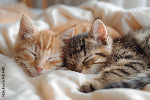 Two kittens sleep on silk sheets. Concept for sleep.