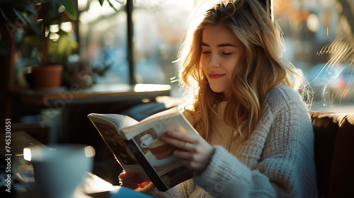 Mulher elegante desfrutando de um momento tranquilo em um café aconchegante lendo e bebendo um café latte photo