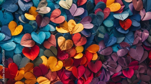 Vibrant multicolored paper hearts representing diversity and unity concept for creative projects and designs