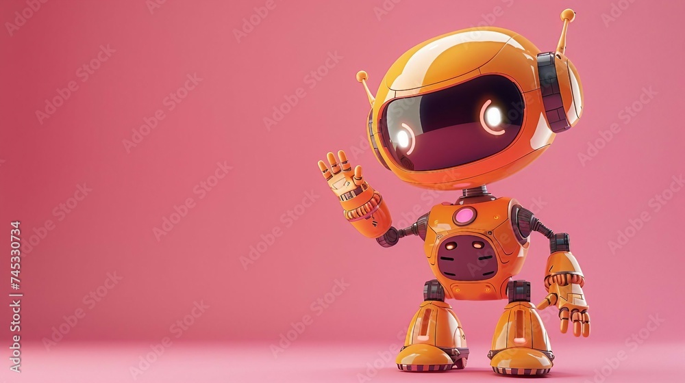 cute robot waving with one hand in shades of light yellow, isolated on a solid pink background. cute cyborg with copy space. cute robot waving with one hand in shades of light yellow, isolated on a solid pink background. cute cyborg with copy space.