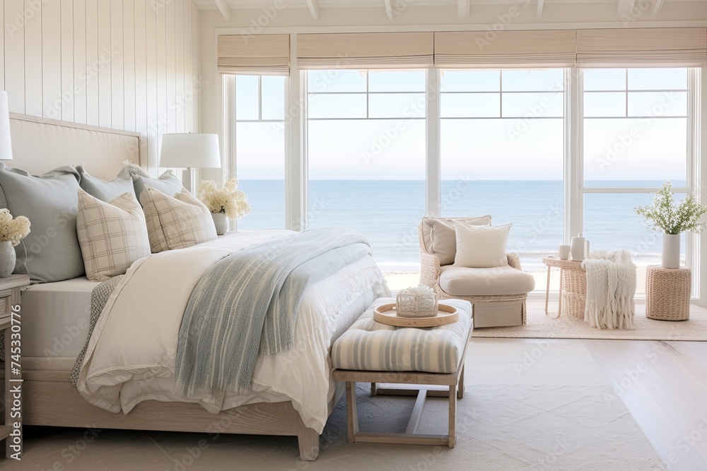 Fototapeta premium Sandy Shores Dream: Coastal Getaway Bedroom Designs in Sea Glass Decor and Earthy Tones