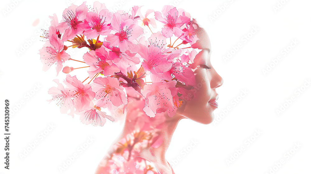 Double exposure asian female head silhouette in profile and abstract floral spring background on white.