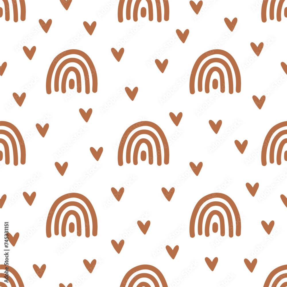 Seamless pattern with brown hearts and rainbows Seamless pattern with brown hearts and rainbows