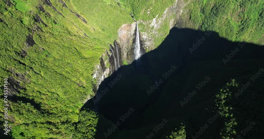 Trou de Fer waterfalls iconic location in Reunion island, aerial view by drone