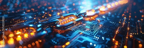 Futuristic Blockchain Concept  PC Circuit Board Chain with CPU on Blue Background