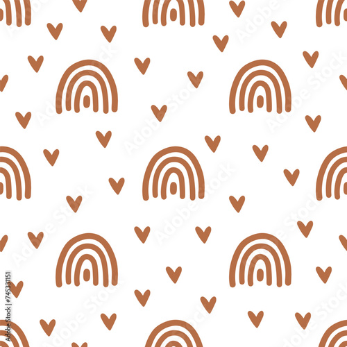 Seamless pattern with brown hearts and rainbows