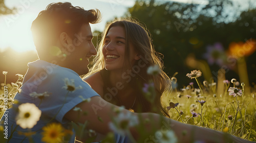 Um casal jovem e feliz aproveitando um piquenique ensolarado em um parque cheio de árvores verdes e flores selvagens vibrantes photo