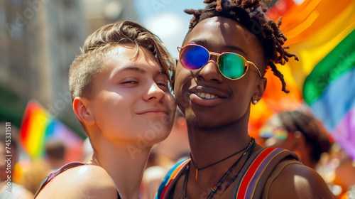 Affectionate Young multiracial gay Couple Embracing at a Colorful LGBT Pride Parade