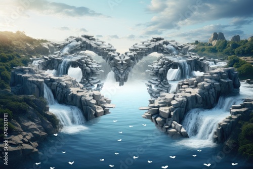 Cascading waterfalls forming heart shapes