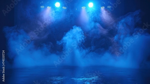 Dynamic Stage Atmosphere  Illuminated by Scenic Lights and Smoke  Blue Spotlight with Volume Light Effect on Black Background Evokes Stadium Cloudiness Projection