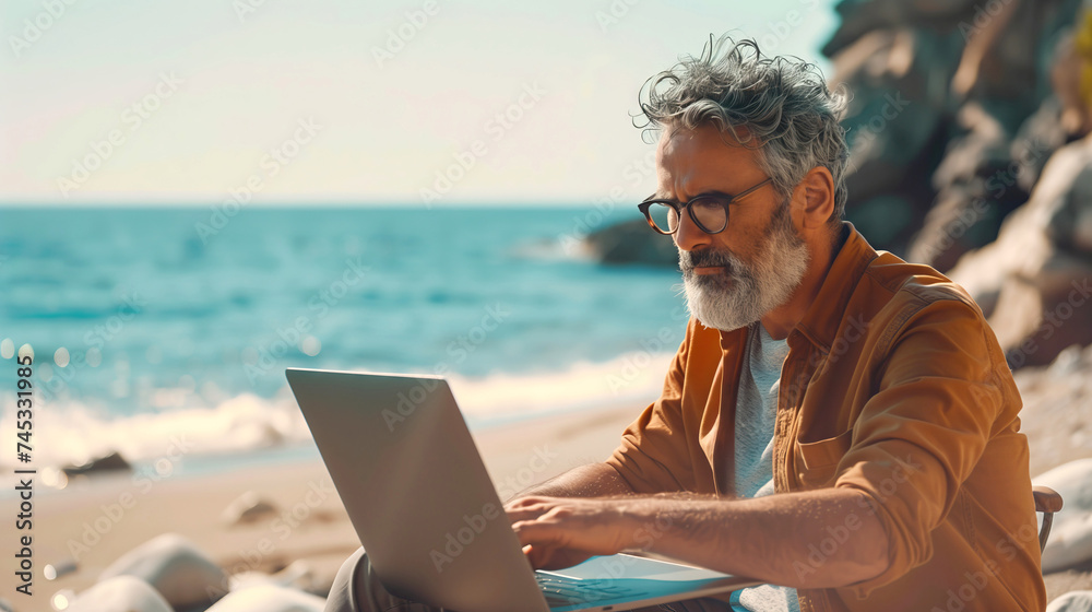 Mature freelancer Man Working on Laptop at the Beach