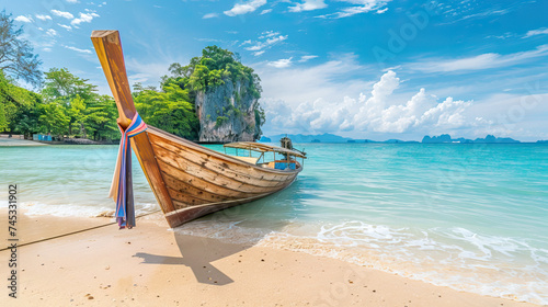 Traditional Wooden Boat Anchored on a Pristine Tropical Beach with Crystal Clear Water in Thailand. Summer holidays travel concept © Renata Hamuda