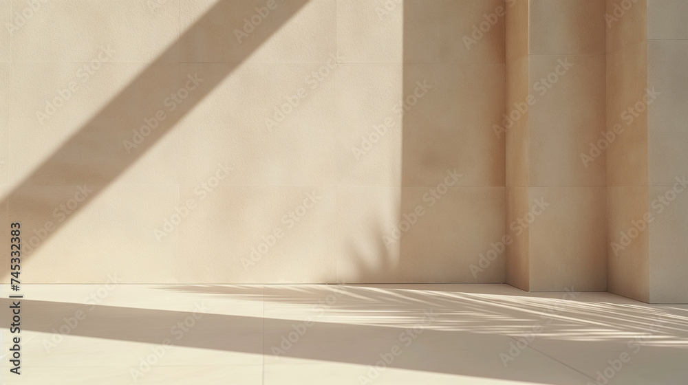 Empty stone or concrete floor and wall in sunlight, leaf foliage, geometric shadow on beige, brown wall for luxury organic cosmetic, skincare, body care, beauty treatment product background Empty stone or concrete floor and wall in sunlight, leaf foliage, geometric shadow on beige, brown wall for luxury organic cosmetic, skincare, body care, beauty treatment product background