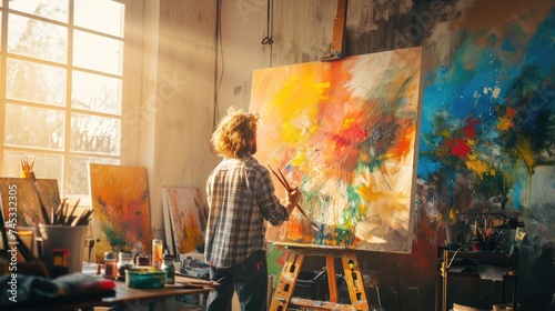 An artist painting in a sunlit studio, canvas filled with vibrant colors, capturing the creative process. Resplendent.