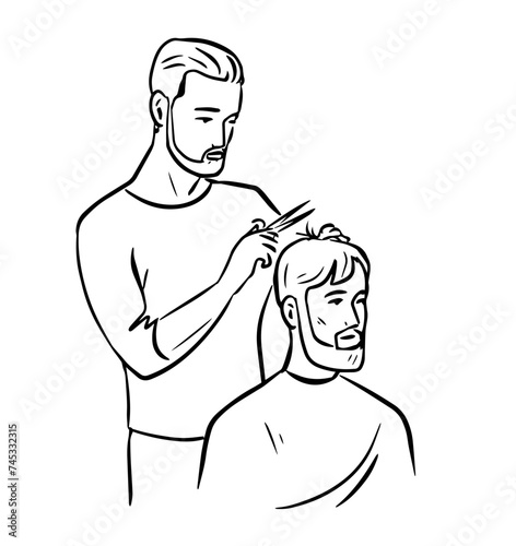 Beauty salon barbershop. A barber man hairdresser gives a haircut to a male client. Vector illustration. Hand drawn sketch black and white