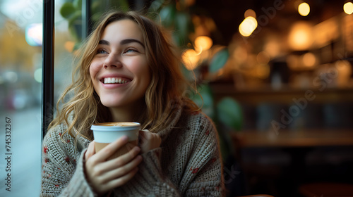 Momento acolhedor jovem mulher com café quente contemplando a cidade pela janela em luz suave photo