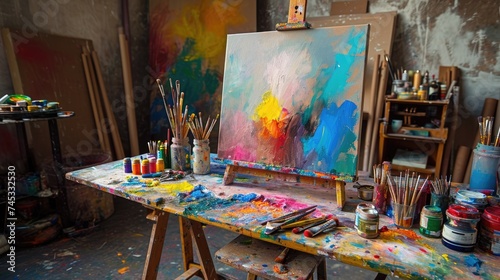 An artist's studio in full creative chaos, paint splattered everywhere, canvases in various stages of completion, vibrant colors clashing and blending. Resplendent. © Summit Art Creations