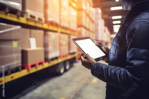 Warehouse receiver inspecting goods next to blue truck, using tablet to verify delivery