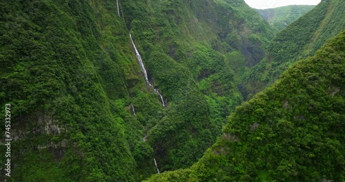 Takamaka Waterfall aerial view in Reunion island 