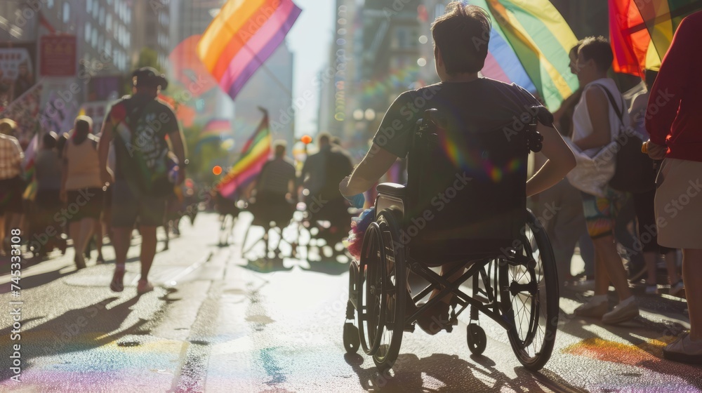 Participant in Wheelchair Joins Vibrant LGBT Pride March in Urban Setting
