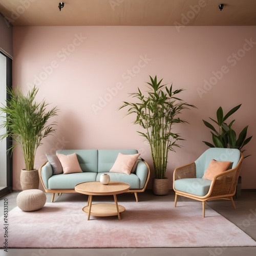 Zen interior with potted bamboo plant, natural interior design concept, colored contemporary living room, pastel colors, sofa, armchair, carpet, coffee tables, interior design idea