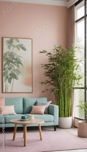 Zen interior with potted bamboo plant, natural interior design concept, colored contemporary living room, pastel colors, sofa, armchair, carpet, coffee tables, interior design idea