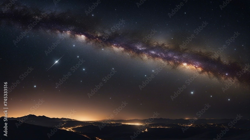 starry night sky the Milky Way galaxy in the night sky, as seen from a high vantage point. The galaxy is a long, curved band of stars and dust that stretches across the sky, 