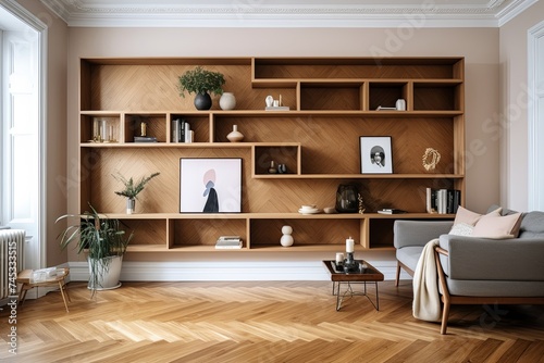 Nordic Living Room  Herringbone Wooden Patterns on Modern Wooden Shelving