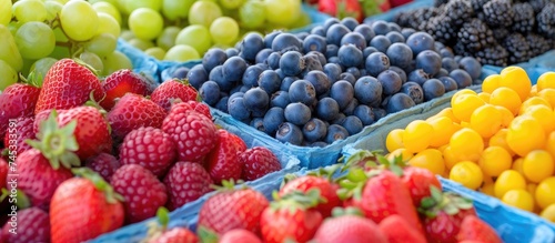 A variety of fresh fruits, including apples, oranges, bananas, and grapes, are neatly arranged in baskets at a farmers market. The vibrant colors and assortment of nutritious produce create an © TheWaterMeloonProjec