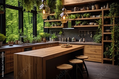 Nature-Inspired Kitchen Design with Wooden Counters and Green Plants - Biophilic Home Elements