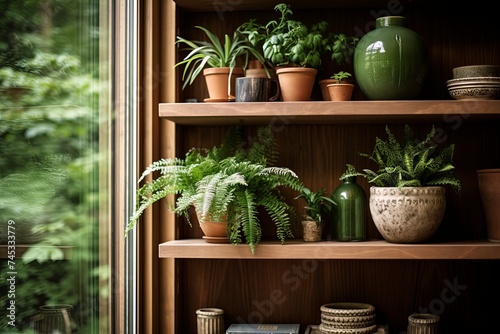 Biophilic Minimalism  Wooden Shelf With Lush Green Plants - Cozy Home Design
