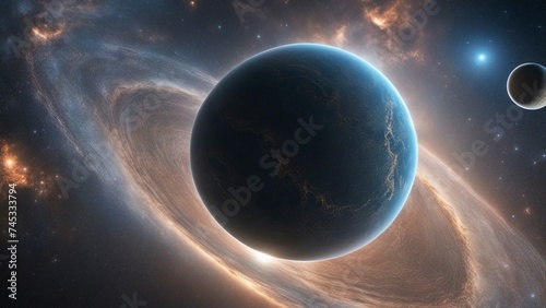 planet in space _An alien planet and a blue nebula in outer space. The image shows a wide angle and dynamic view 