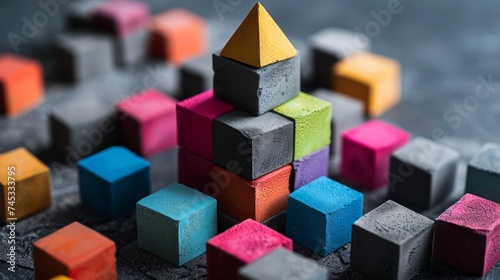Vibrant pyramid of colorful cubes surrounded by diversity: symbolizing inclusion in society