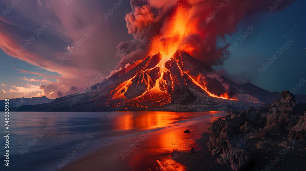 Volcanic Eruption at Dusk by the Lake