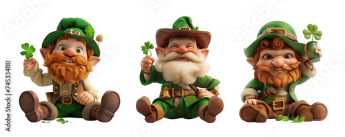 Cute cartoon leprechaun sits and holding a leaf clover. Irish holiday St. Patrick's Day.