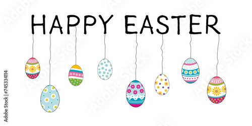 Happy Easter - Schriftzug in englischer Sprache - Frohe Ostern. Grußkarte mit bunten hängenden Ostereiern.