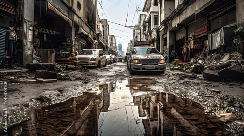 a street full of rubble and cars in the rubble © Oleksandr