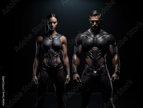 Athletic muscular woman and man torsos on a black background. Layout concept for a gym or fitness training. 