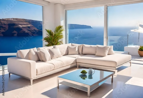 Luxury apartment terrace Santorini Interior of modern living room sofa or couch with beautiful sea view  © Muneeb
