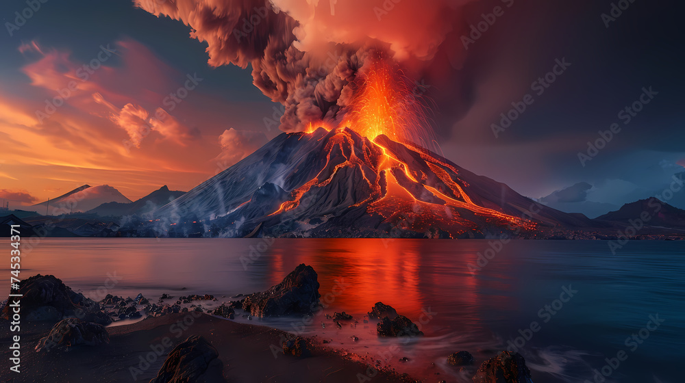 Volcanic Eruption at Dusk by the Lake