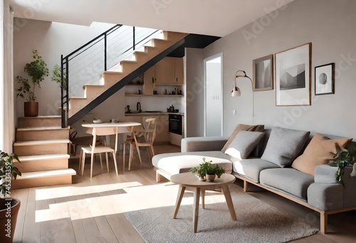 Small cozy living room with staircase, scandinavian interior design, beautiful living space 
