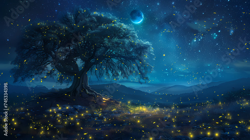 Enchanted Nighttime Landscape With Fireflies and Celestial Bodies