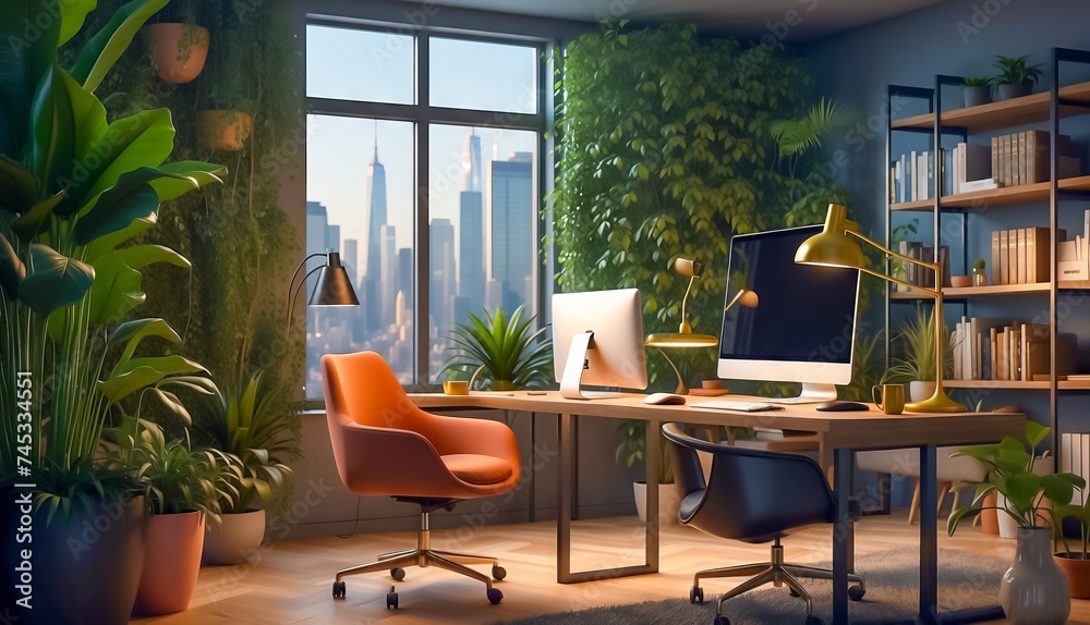 Office Interior Featuring Lush Flora. Modern Office Surrounded by Green Plants. Green Office. Modern Eco-Friendly Office Space Featuring a Lush Living Green Wall, Designed to Promote Employee Wellness