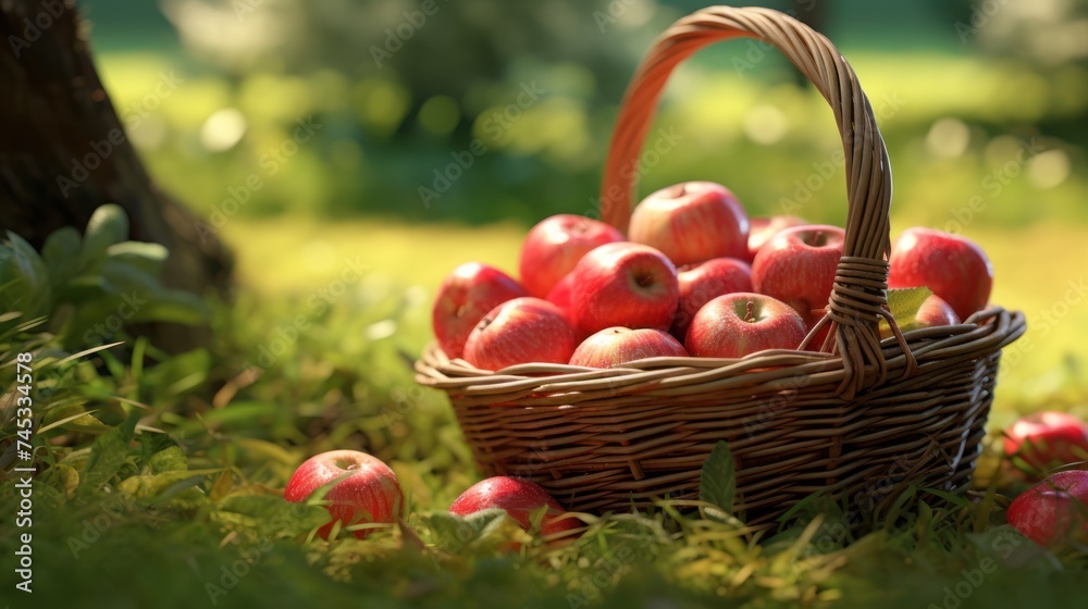 A rustic scene unfolds-ripe, red apples gathered in a wicker basket, resting gracefully on the verdant embrace of green grass. A rustic scene unfolds-ripe, red apples gathered in a wicker basket, resting gracefully on the verdant embrace of green grass.