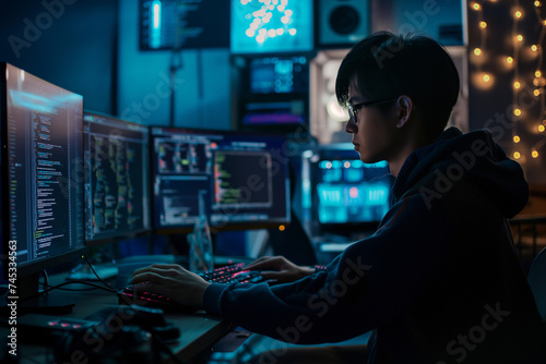 An Asian hacker immersed in cybercrime activities, utilizing sophisticated technology and clandestine tactics to infiltrate systems and compromise digital security. photo