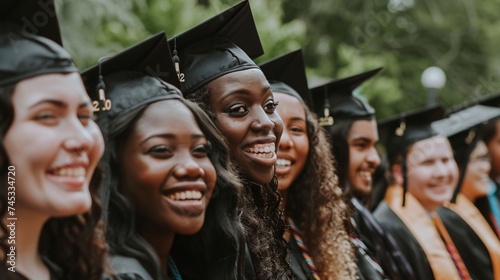 diverse group of graduates celebrating academic success together, smiling widely in caps and gowns photo