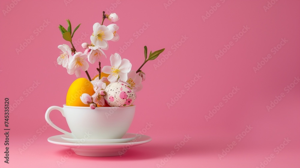 Easter egg and spring flowers in tea cup on bright pink background